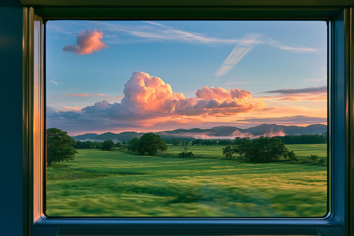 走る列車の窓から見た夕暮れの風景。ガラスに車内がうっすら映っている