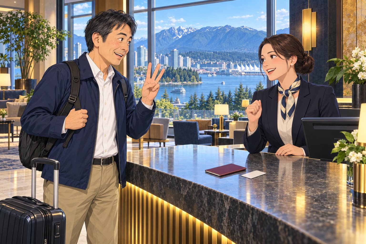 海外のホテルのフロントで、日本人の旅行者が指を3本立てて「スリー デイズ」と伝え、スタッフが笑顔でうなずいている