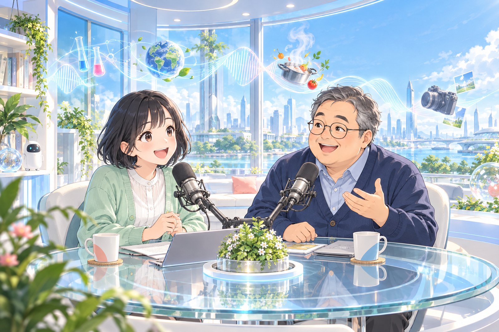 午前0時の実験室のハルとゲンさんが明るい未来のスタジオで話す様子