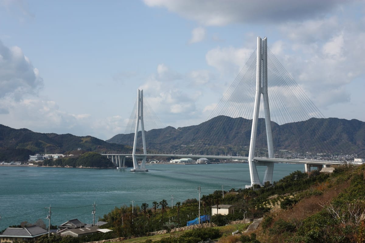 Tatara Bridge with citrus slopes in the foreground