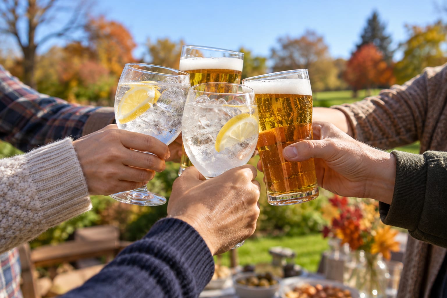 ジントニックとビールで乾杯する手元